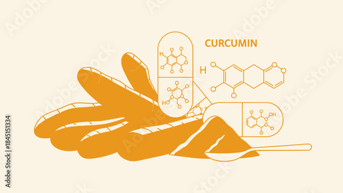 Turmeric spice and curcumin capsules with molecular structures health supplement concept