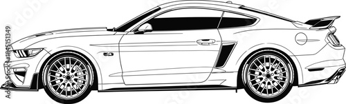 Detailed Black and White Line Art Illustration of a Modern American Muscle Car, a High-Performance Coupe, Ideal for Graphic Design and Coloring Books.