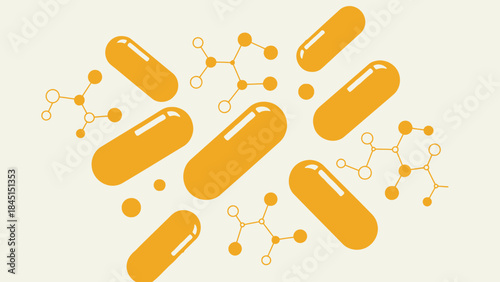 Yellow capsules and molecular structures on a beige background, representing pharmaceuticals and chemistry