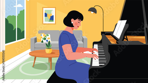 Person playing musical instrument piano illustrated in modern flat vector style, creative music hobby, ideal for art, culture, and leisure content