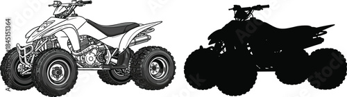 Detailed black and white line art vector illustration and a solid black silhouette of a powerful All-Terrain Vehicle (ATV) or quad bike for coloring and graphic design.