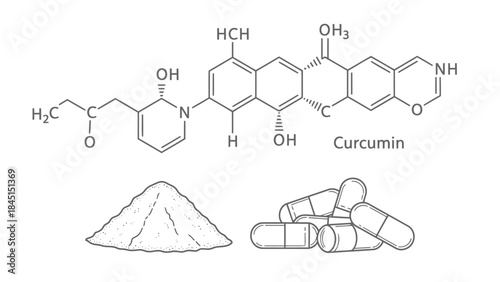 Curcumin molecular structure with powder and capsules illustration for health and nutrition concepts