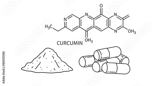 Curcumin molecular structure with powder and capsules, illustrating natural supplement, spice, and herbal medicine