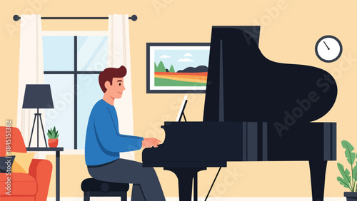 Person playing musical instrument piano illustrated in modern flat vector style, creative music hobby, ideal for art, culture, and leisure content