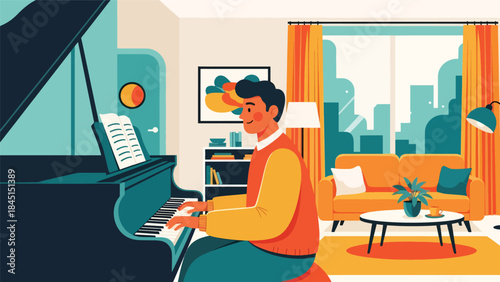 Person playing musical instrument piano illustrated in modern flat vector style, creative music hobby, ideal for art, culture, and leisure content