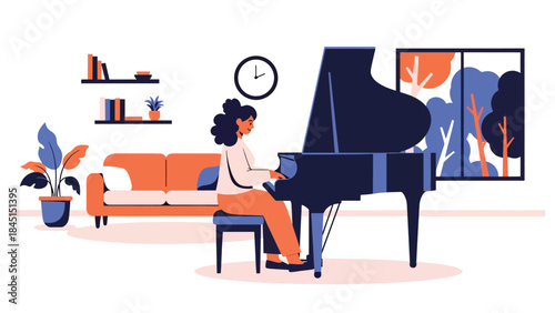 Person playing musical instrument piano illustrated in modern flat vector style, creative music hobby, ideal for art, culture, and leisure content