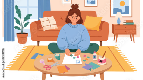 People doing DIY crafts at home in modern flat vector illustration, handmade creativity and leisure hobby, ideal for lifestyle and creativity themes