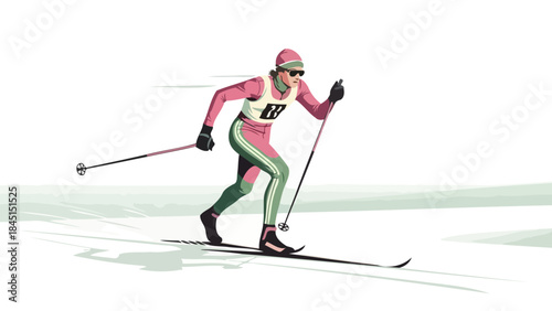 Cross-country skier in stylish pink and green outfit on snowy terrain