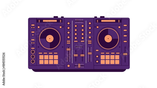 Modern Purple and Orange DJ Controller with Turntables and Faders, Flat Design