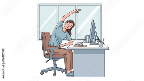Woman stretching at desk, healthy lifestyle at work, ergonomic workspace illustration
