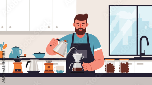 Person brewing coffee with tools in modern flat vector illustration, cozy lifestyle and leisure hobby, ideal for café, lifestyle, and food content