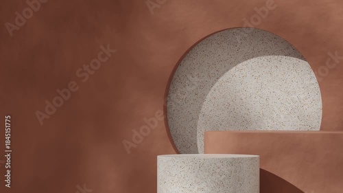 rendering 3d footage blank space of terazzo pattern cylinder podium seamless shadow animation looping with brown wall background