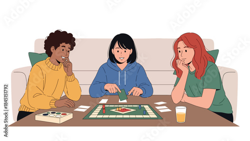 Friends playing board games together in modern flat vector illustration, social leisure and bonding activity, ideal for family and lifestyle themes