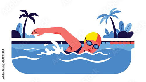 People swimming for leisure in modern flat vector illustration, recreational sport and summer activity, ideal for fitness and lifestyle visuals