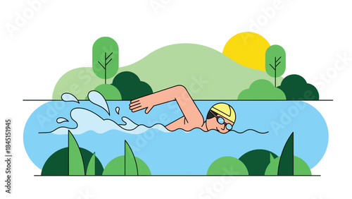 People swimming for leisure in modern flat vector illustration, recreational sport and summer activity, ideal for fitness and lifestyle visuals