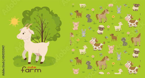 Delightful farm-themed vector illustration featuring a cute goat grazing beside a tree. The vibrant background is filled with various playful farm animals, creating an adorable and whimsical scene for