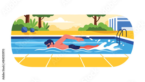 People swimming for leisure in modern flat vector illustration, recreational sport and summer activity, ideal for fitness and lifestyle visuals