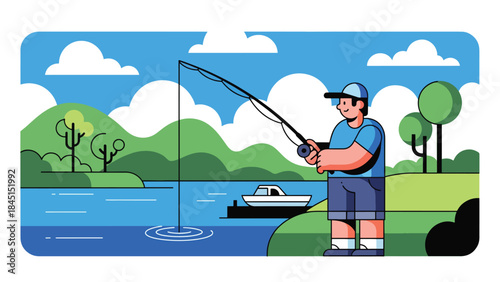 Person fishing by river or lake illustrated in modern flat vector style, calm outdoor leisure activity, ideal for nature and lifestyle content