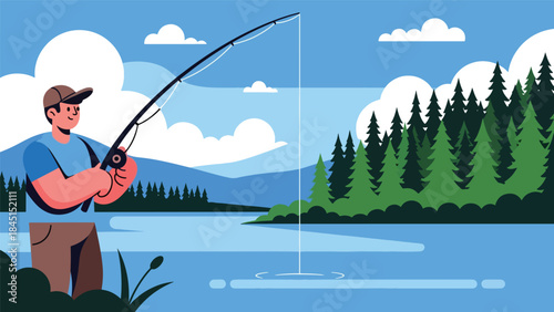 Person fishing by river or lake illustrated in modern flat vector style, calm outdoor leisure activity, ideal for nature and lifestyle content