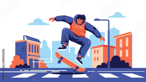 Person skateboarding in urban area in modern flat vector illustration, youth leisure and street culture activity, ideal for lifestyle and sport themes