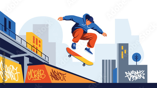 Person skateboarding in urban area in modern flat vector illustration, youth leisure and street culture activity, ideal for lifestyle and sport themes