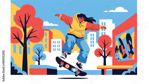 Person skateboarding in urban area in modern flat vector illustration, youth leisure and street culture activity, ideal for lifestyle and sport themes