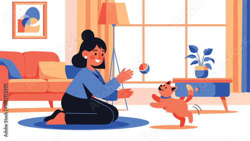 Person playing with pet at home in modern flat vector illustration, animal care leisure activity, ideal for lifestyle and pet-related content