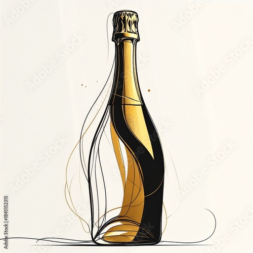 Elegant Black and Gold Champagne Bottle on White Background Illustration