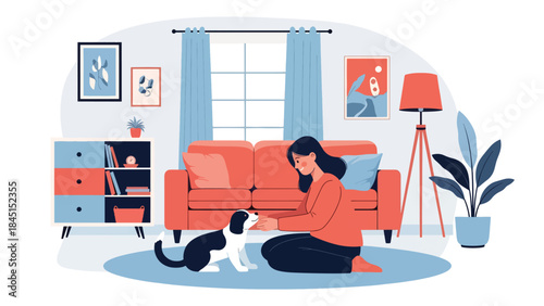 Person playing with pet at home in modern flat vector illustration, animal care leisure activity, ideal for lifestyle and pet-related content
