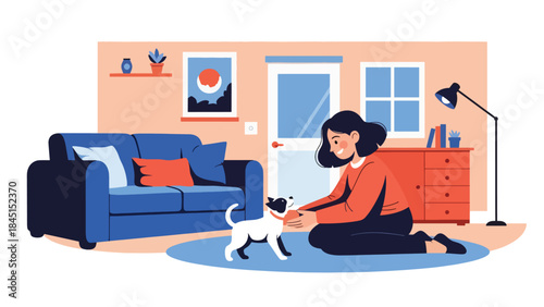 Person playing with pet at home in modern flat vector illustration, animal care leisure activity, ideal for lifestyle and pet-related content