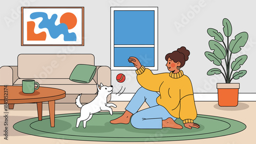 Person playing with pet at home in modern flat vector illustration, animal care leisure activity, ideal for lifestyle and pet-related content