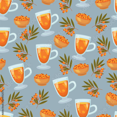 Sea buckthorn tea seamless pattern. Flat vector clipart, illustration with isolated background.