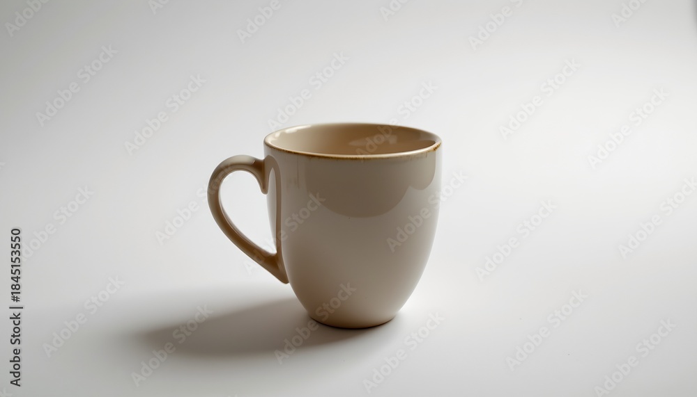 Fototapeta premium A simple yet elegant setting featuring a light beige coffee mug resting on a white surface