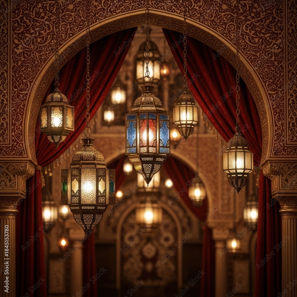 Fototapeta premium Decorative lanterns hanging in an arched interior space