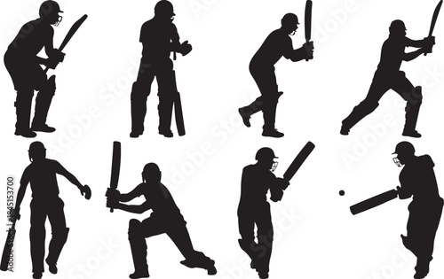 Cricket Player Silhouettes Set in Action