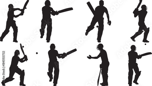 Cricket Players in Action Silhouettes