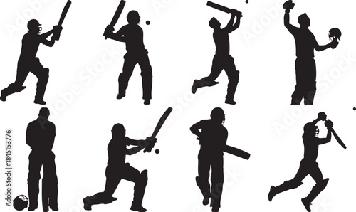 Silhouettes of children playing cricket on transparent background