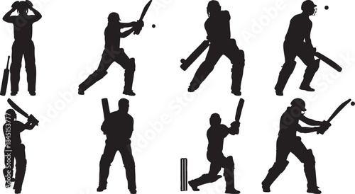 Silhouettes of people playing cricket and holding bats for sports and recreational activities