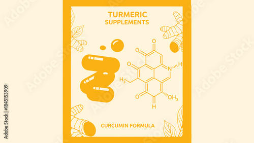 Turmeric supplement packaging with curcumin formula and molecular structure on a beige background with yellow accents and illustrations of turmeric roots and leaves