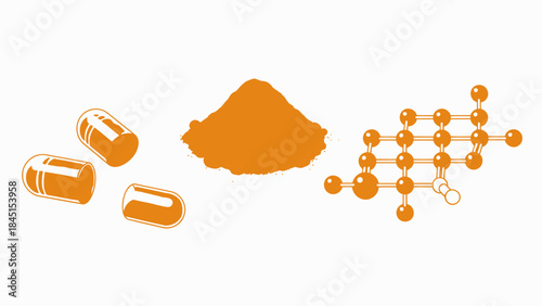 Orange capsules powder and molecular structure on white background for healthcare and medical concepts