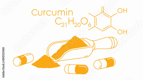 Curcumin supplement powder and capsules with molecular structure formula on white background for health and wellness concept