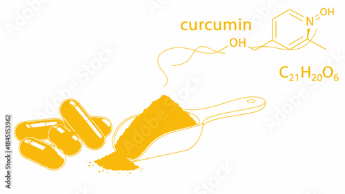 Detailed illustration of curcumin powder and capsules with chemical formula and molecular structure on white background