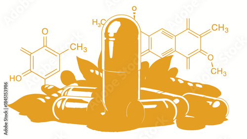Detailed illustration of capsules and chemical structures on a white background for health and medical concepts