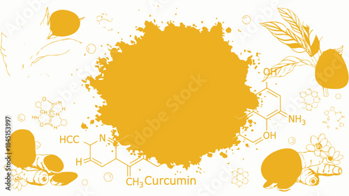 Vibrant yellow curcumin molecule illustrations with spices and herbs on white background for healthcare and nutrition concepts
