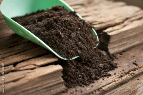Tableau sur toile Scoop of rich dark soil spilling onto weathered wooden planks