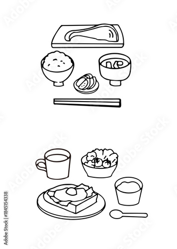 健康的な朝食のイラスト＿和食・洋食＿線画