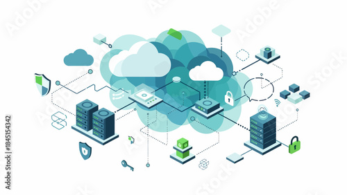 Abstract Illustration of Secure Cloud Computing Network Architecture, Data Management, and Digital Infrastructure for Modern Technology Solutions