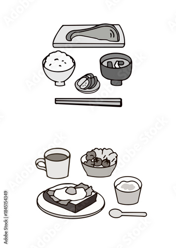 健康的な朝食のイラスト＿和食・洋食＿白黒
