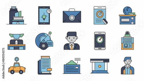 A collection of icons representing business and technology concepts displayed on a clean white background from a straightforward viewpoint