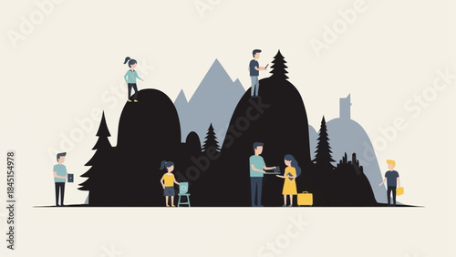 Diverse group of people interacting in a stylized mountainous landscape.